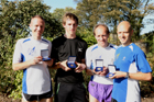 Leeds City winners of the Senior Men, from left to right: Chris Birchall, Gordon Benson, Martin Roscoe and Chris Birchall, Northern Cross Country Relay, Graves Park, Sheffield